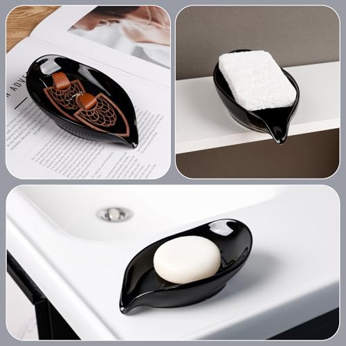 Soap Dish, Self Draining Soap Holder, Leaf Shape Ceramic Bar Soap Holder Drain Soap Dishes for Bathroom Sink Kitchen, Easy to Clean, Keeps Soap Dry, Black, ANTIS'S HOME - color: Black-1pcs-enhanced Draining