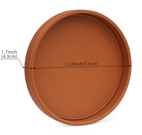 HofferRuffer Round Decorative Tray, Faux Leather Vanity Tray Decor, Decorative Catchall for Perfume, Bathroom Valet, Nightstand or Dresser (Brown Stripe, 12") - color: Brown Stripe
