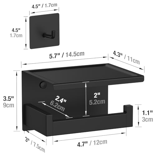 HITSLAM Matte Black Toilet Paper Holder with Shelf & 4 Towl Sticky Hooks, Self-Adhesive or Screw Mount Toilet Paper Roll Tissue Holder, SUS 304 Stainless Steel, Rustproof for RV& Bathroom Home - color: Black + 4 Hooks, size: Medium