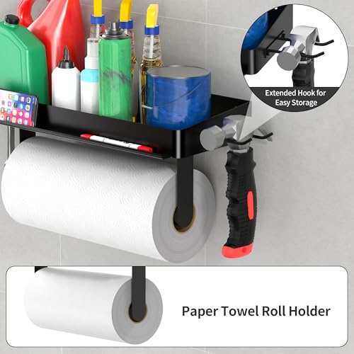 YIGII Wall Mount Paper Towel Holder with Phone Stand, Garage Papertowel Holder with Shelf and 4 Extended Hooks, Heavy Duty Stainless Steel Paper Towel Rack for Garage & Tool Room, Black - color: Black