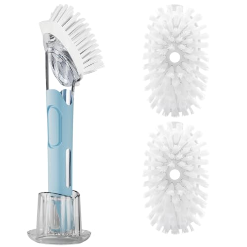 Soap Dispensing Replacement Dish Brush with 2 PCS Brush Refills & Holder | RIMAY Dispenser Scrub Cleaning Scrubber Kitchen Dishwashing Dish Wand Handle for Dishes/Pans/Pots/Sink(Blue) - color: Blue