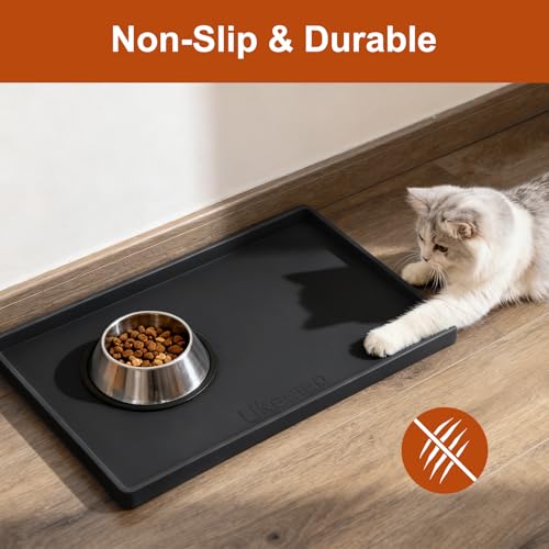 ukeetap Extra Thick Silicone Mat Waterproof with Raised Edge 19” x 12”, BPA Free Non-Slip Dog & Cat Food Mat, Feeding Mat for Food and Water Bowls, Spill Proof Mat to Protect Floors, Black - color: Black, size: 19"L x 12"W
