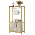 Freestanding Toilet Paper Holder with Storage Shelf – Bathroom Tissue Stand with Space for Phone, Rolls, and Magazines – All-in-One Toilet Roll Dispenser and Organizer (Gold)