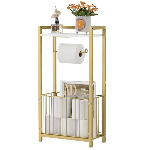 Freestanding Toilet Paper Holder with Storage Shelf – Bathroom Tissue Stand with Space for Phone, Rolls, and Magazines – All-in-One Toilet Roll Dispenser and Organizer (Gold)