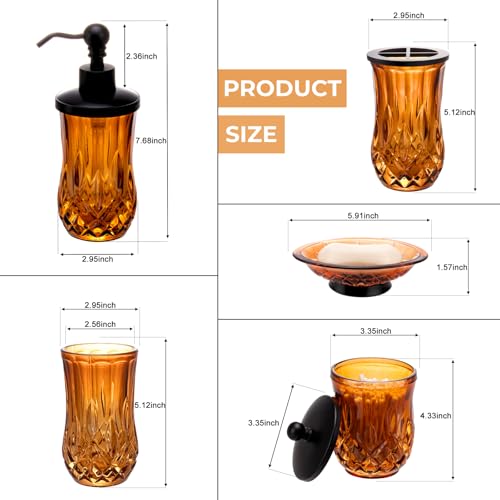 Bathroom Accessories Set,5 Pcs Amber Glass Bathroom Accessory Set, Complete Lotion Soap Dispenser, Toothbrush Holder, Soap Dish, Tumbler & Jar, Modern Bathroom Decor Sets Gift,Round - style: Round(Amber)
