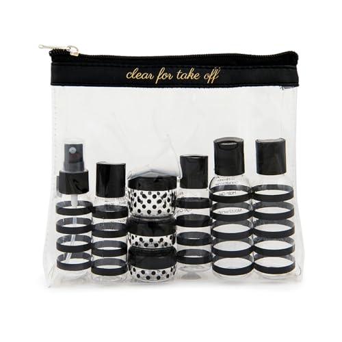MIAMICA TSA Compliant Travel Bottles and Travel Toiletry Bag – Includes 12 Pieces – 7.55" L x 7.4" W x 1.8" D, Clear – Cute Travel Gifts - color: Black/Gold, size: 12-Piece