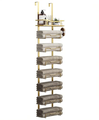 Hanging Towel Racks for Bathroom No Drill - Over The Door 8-Tier Bath Towel Storage Organizer for Small Bathrooms - Back Door Large Tiered Towel Holder Hanger for Rolled Towels RV Camper Gold - color: Gold, size: 8 Tier