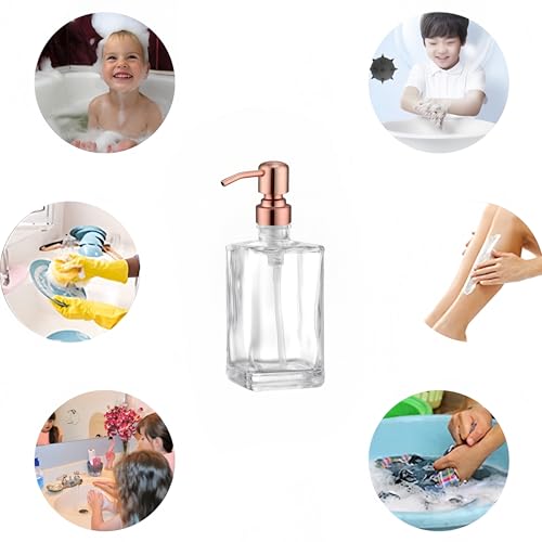 13.5 Oz Clear Glass Soap Dispenser with Rust Proof Stainless Steel Pump, Antique Design Refillable Square Lotion Dispenser for Bathroom, Premium Kitchen Hand Soap (Red Copper) - color: Red Copper
