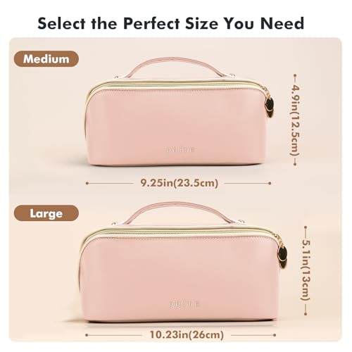 Prite Makeup Bag for Women Travel Waterproof Vegan Leather Cosmetic Bag Open Flat Toiletry Bag With Clear Divider and Handle (Pink, Medium) - color: Pink, size: Medium