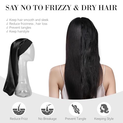 Long Hair Bonnet-Hair Wrap Net for Silk Press Set Braid Bonnet for Sleeping Extra Long Wrap Cap 2 Piece Set Anti Frizz Reusable Elastic Shower Cap for Braids, Curly (black net, black bonnet) - color: Black Net, Black Bonnet
