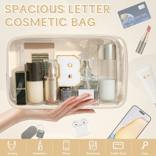 Initial Clear Makeup Bag, Birthday Gift Preppy Chenille Patch Cosmetic Bag, Initial Travel Essentials Beach Toiletry Pouch, Ideal Gift for Teachers & Moms, Women and Girls (Beige, B) - color: Beige, style: B