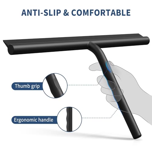 ecooe Silicone Shower Squeegee with Hanger, 11″/28cm Shower Squeegee for Glass Doors, Black Window Squeegee Scraper with Stainless Steel Core for Home Bathroom Kitchen Car Glass Doors - size: 02-Black 11″/28cm