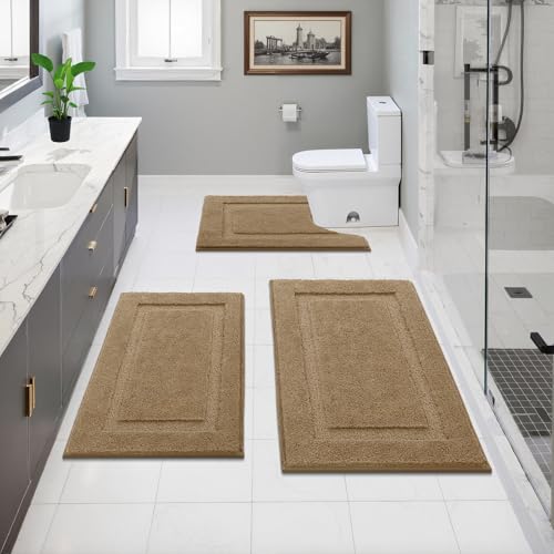 SHACOS Khaki Brown Bathroom Rugs Sets 3 Piece Bath Mat U Shaped Toilet Rug | 20x32+ 16x24+ 20x24, Soft Fluffy Microfiber Bath Rugs Set, Non Slip Washable Absorbent Bathroom Floor Mats Carpet Shower Rug - color: Khaki Brown, size: 16"x24"+ 20"x32"+U Shape