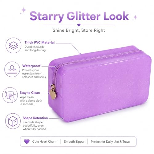 RSRSLEII Stardust Twinkle Jelly Travel Makeup & Toiletry Bag, Waterproof PVC Cosmetic Bag/Case for Women，Zipper SPF Beach Bag for Sunscreen Skincare and Daily Essentials (07Purple-Large) - color: 07Purple-Large