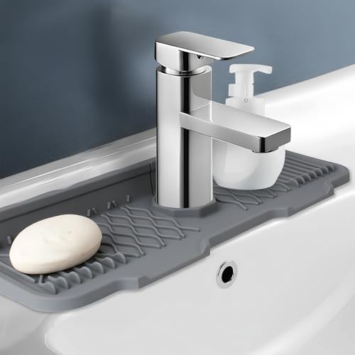 Silicone Faucet Handle Drip Catcher Beveled Drying Tray Mat Dish Soap Sponge Holder Accessories Gadgets for Kitchen Counter Bathroom Kitchen Sink Splash Guard (16.9") - size: 16.9" x 5.7"