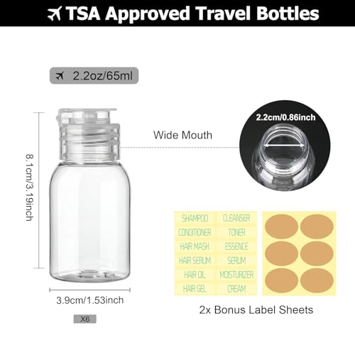 Travel Bottles for Toiletries 6 Pack 2.2oz/65ml Leak Proof Travel Size Toiletries Wide Mouth Containers TSA Approved Squeeze Bottles with Flip Cap for Shampoo Conditioner Body Wash(Clear) - color: Clear, size: 2.2 Ounce