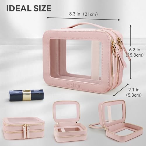 Prite Double Layer Makeup Bag for Women Portable Clear Makeup Bag Cute Waterproof Travel Cosmetic Bag with Gold Zipper for Car Essentials(Pearlescent Pink) - color: Pearlescent Pink, size: Standard - Double Layer