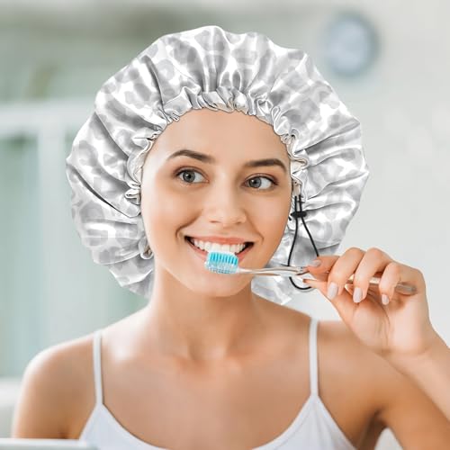 Luxury Shower Cap Silk Satin Lined Waterproof Reusable Adjustable Elastic Dry Hair Bathing Caps Cute for Women Girls-Gray Cheetah Leopard - color: C-20-Gray Cheetah Leopard