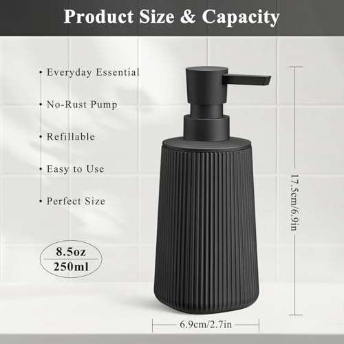 Black 2 Pack Hand Soap Dispensers Set with No Rust Pump for Bathroom and Kitchen Countertops Refillable Matte Striped Plastic 8.5 oz - color: Black Set of 2