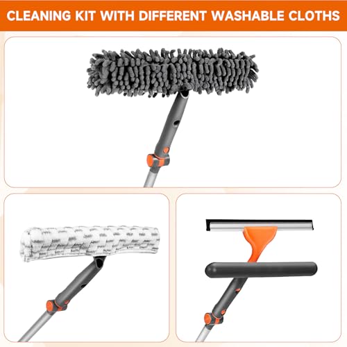 Chabatree Window Squeegee Cleaner Set 2-in-1 Window Cleaning Tool with Extendable Pole, Window Cleaning kit with Bendable Head for Indoor & Outdoor Glass for Car Indoor Outdoor High Windows - color: Grey Squeegee（with 4 Cleaning Cloth）