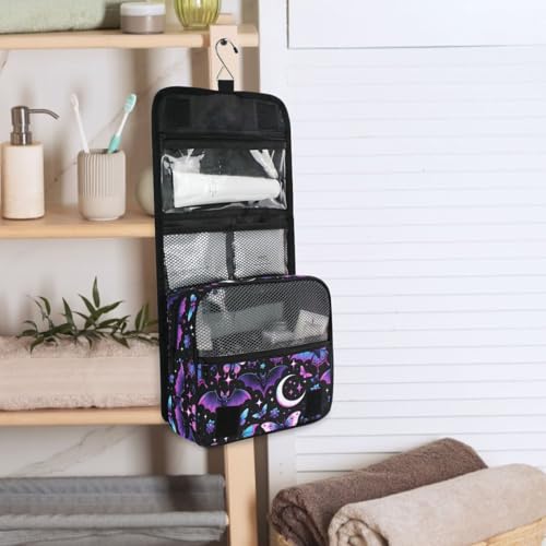 MNSRUU Hanging Toiletry Bag Neon Purple and Bats Stars and Moons Travel Makeup bag for Toiletries Portable Travel Toiletry Organizer Cosmetic Bags with Hanging Hook - color: Bats A8889