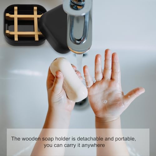uxcell Wooden Soap Holder, Detachable Self Draining Square Soap Dishes with Lid, Wooden Bamboo Soap Bar Tray for Shower (Double Pack Rounded Black) - color: Black