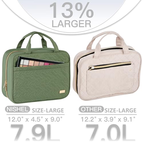 NISHEL Large Double Layer Travel Makeup Bag Women, Cosmetic Case, Organizer for Travel-Size Accessories Bottles, Brushes, Conditioner, and Skin Care Products, Bronze Green - color: Bronze Green, size: Large