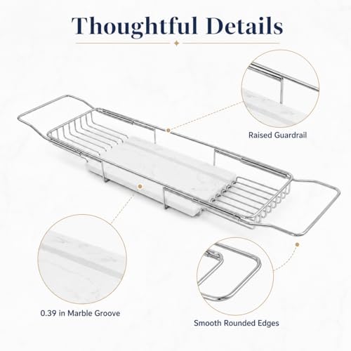 Expandable Bathtub Tray, Stainless Steel Bath Table Tray with Marble Board, Modern Luxury Bathtub Shelf for Bathrooms, Kitchen Sink (Silver+White) - color: Silver+white