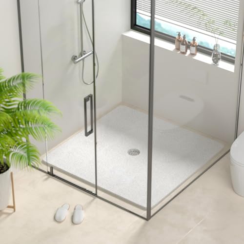 HITSLAM Square Shower Mat, 40 x 40 Inch Non Slip Bath Mat for Tub, Soft PVC Loofah Bathtub Mats with Drain Holes, Quick Drying Bathroom Stall Floor Mat, Bathroom Accessories Without Suction Cup, White - color: White, size: 40" x 40" (Square)