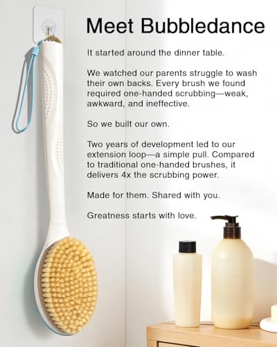 BUBBLEDANCE® Natural Boar Bristle Back Scrubber – 4X Scrubbing Power, Extendable Long Handle (17.5"-31.9") for Deep Exfoliation & Dry Brushing – 1.3X Wider Head, Anti-Slip Shower Brush for Men & Women