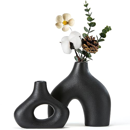 CEMABT Black Ceramic Vase Set of 2 for Modern Minimalist Bohemian Decor，Round Matte Donut Vases for Pampas Grass-Perfect for Living Room, Dining Table, Office Bedroom Shelf Decor Entryway, Console - color: Black