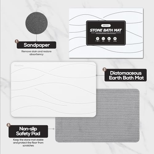 Super Absorbent Stone Bath Mat, Super Non-Slip Diatomaceous Earth Bathroom Rug, Easy Clean for Bathroom, Kitchen and Shower, Home Decor Accessories Rugs, Quick Dry (15.3″x23.6″, White) - color: White, size: 1'3" x 1'11" (Rectangular)