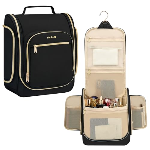Hanke Hanging Travel Toiletry Bag for Men and Women, Water-Resistant Toiletries Bag Makeup Organizer with Hook, Cosmetic Bag for Bathroom & Travel Essentials Accessories, Black - color: Black