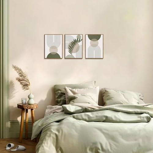 Bwodke Boho Wall Art, Framed Abstract Wall Art, Sage Green Canvas Wall Decor, Mid Century Line Leaf Geometric Pictures Set of 3, Minimalist Paintings, for Bedroom Living Room Bathroom 12"x16" - color: Sage Green, size: 12"x16"Natural