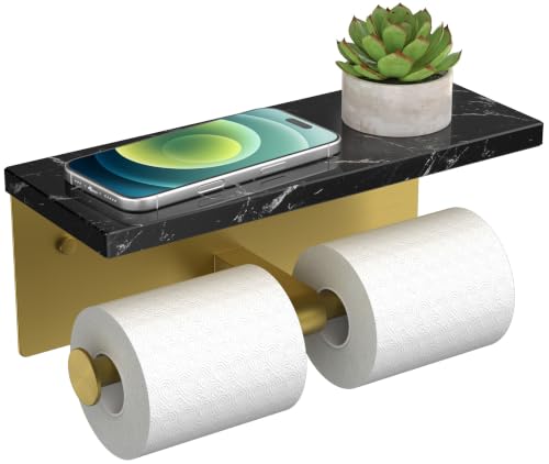 FORIOUS Double Toilet Paper Holder with Shelf, Wall Mount Tissue Roll Holder for Bathroom, 304 Stainless Steel Commercial Toilet Tissue Dispensers with Phone Shelf (1, Gold-Marble) - color: Gold-marble