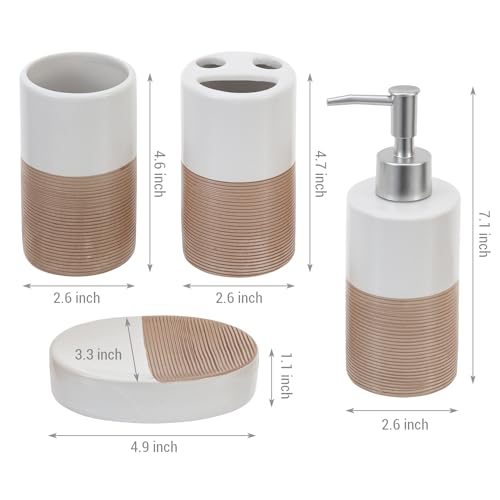 MyGift 4 Pcs Soap Dispenser and Toothbrush Holder Set, Ceramic Bathroom Accessories Set, Soap Dish, Pump Dispenser, Tumbler Cup, Dual Tone White with Clay Stripe