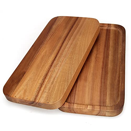 2 Pcs Rectangular Wooden Platters for Food Party Decorative Small Serving Tray Long Charcuterie Board Acacia Wood Trays Home Decor Cheese Board Rectangle Cake Dessert Plates Snack Appetizer Platter - size: 12" x 6"