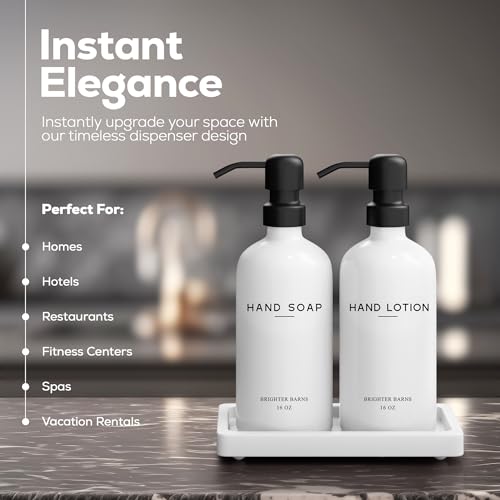 White Glass Soap and Lotion Dispenser Set with Tray by Brighter Barns - Hand Soap Dispenser Bathroom Set & Stainless Steel Pump for Home, Vacation Rental - Modern Bathroom Accessories & Decor (White) - color: White Sl