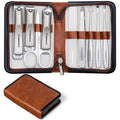 FAMILIFE Nail Care Kit 9-in-1 Professional - Carbon Steel Cuticle Scissors, Fingernail & Toenail Clippers for Nails, Manicure Set Travel Grooming Kit with Case (Brown) - color: Brown