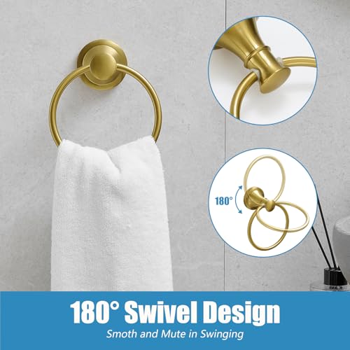 RUMOSE Toilet Paper Holder and Hand Towel Ring Brushed Gold Wall Mount Bathroom Hardware Accessories 2 PCS Set Flexible Pivoting Toilet Tissue Roll Holder and Towel Hanger, Stainless Steel - color: Brushed Gold