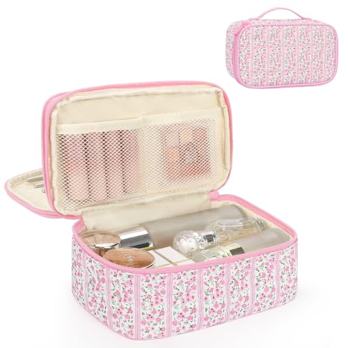 Relavel Cute Makeup Bag for Girls, Portable Pink Cosmetic Bag, Dual-layer Makeup Pouch with Brush Holder, Multi-Functional Preppy Toiletry Organizer for Travel, Daily Use - Pink Flower - color: 01C-Floral Pink, size: MEDIUM