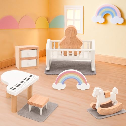 HAPGFS Wooden Dollhouse Furniture Set Elegant Kid’s Room & Bathroom Doll House Accessories, Premium Wood Toys for 3-6 Year Olds, Dollhouse Decor Set for Girls & Boys Birthday Christmas - style: Kid's & Bathroom