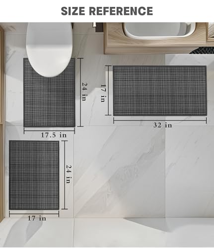 YIHOUSE Bathroom Rugs Sets 3 Pieces, Dark Grey Ultra Thin Bath Mats Fit Under Door, Absorbent Quickly Dry Rubber Backing Braided Bath Mat Set, Non Slip Washable Bath Rugs for Bathroom Floor, Grey - color: Grey Multi, size: 3pieces