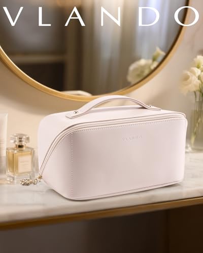 VLANDO Makeup Bag,Travel Toiletry Bag,Cosmetic Bag for Women PU Leather Portable Make up Bag for Skincare, Brushes & Travel Essentials-Apricot Pink - color: 03.Apricot Pink