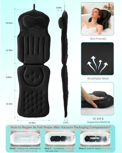 Full Body Bath Pillow for Bathtub, 5D Thick Tub Pillow for Bathtub with 192 Non-Slip Suction Cups, Laundry Bag & Hook, Bathtub Pillow for Head, Neck & Back Support (Black, 51"*15") - color: Classic Black