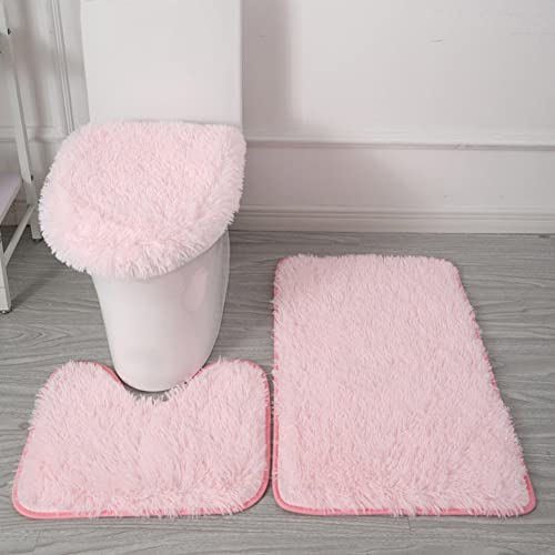 SEAHOME Bathroom Rug Sets 3 Piece Non Slip, Toilet Lid Cover and Contour Mat, Bath Mats Shower Mat for Tub (Pink) - color: Pink