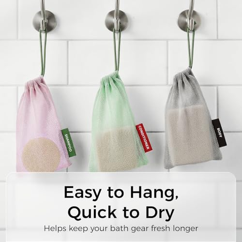 ZOMCHI Foaming Bar Holder for Shower, Mesh Hanging Pouches with Loop, Designed for Body, Shampoo & Conditioner Bars, Color-Labeled Set (3 Pack, Pink)