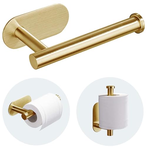 JOPOFI Toilet Paper Holder - Adhesive Toilet Paper Holder - Brushed Gold | Toilet Paper Holder Wall Mount for Bathroom,Stainless Steel Command Strip Toilet Paper Roll Holder Stick On Wall,No Drilling - color: Brushed Gold, size: 1pcs