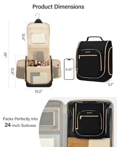 Hanke Hanging Travel Toiletry Bag for Men and Women, Water-Resistant Toiletries Bag Makeup Organizer with Hook, Cosmetic Bag for Bathroom & Travel Essentials Accessories, Black - color: Black