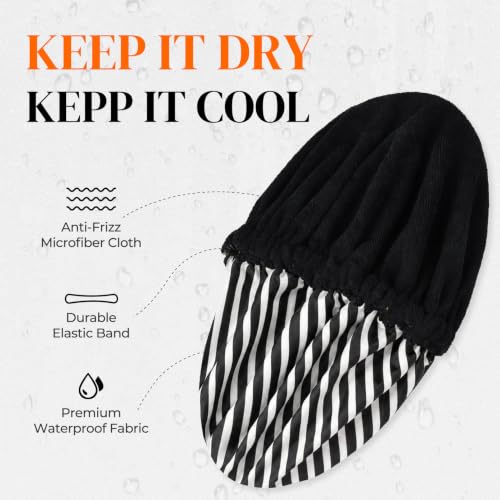 Shower Cap for Men Black Bath Cap, Reversible Terry Lined Large Waterproof Adjustable Shower Caps Elastic Band Stretch Hem Hair Hat for braids - color: Black Stripe